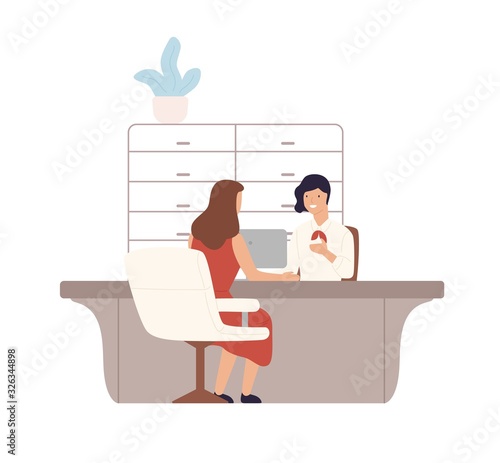 Friendly female bank worker providing services to customer vector flat illustration. Woman client sitting and talking to manager at credit department. Cartoon people at payment office