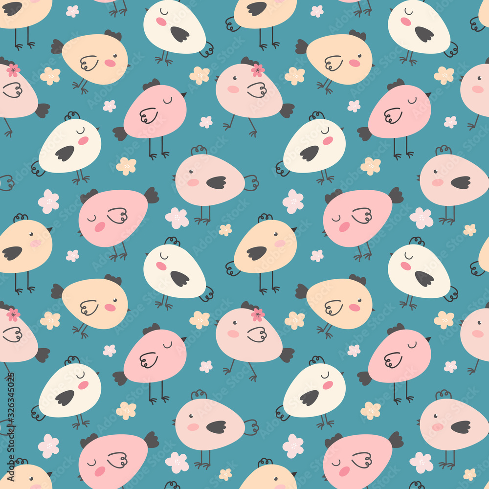 Fototapeta premium Seamless pattern of cute cartoon Easter chickens in various poses on a green background. Easter spring background. Funny birds for children s decoration. Design textiles, fabric, packaging. Hand drawn