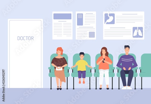 Smiling cartoon people sitting on chairs waiting doctor appointment at hospital vector flat illustration. Man, woman and child at modern clinic. Colorful visitors at physician office