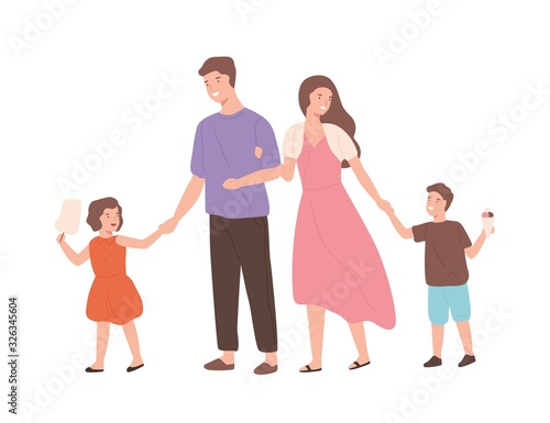 Happy cartoon family walking enjoying weekend isolated on white. Smiling mother, father, daughter and son holding hands vector flat illustration. Young joyful people spending time together
