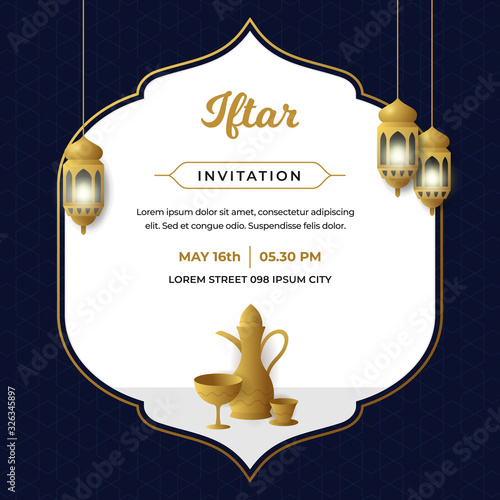 Iftar invitation flyer simple minimal poster template design with islamic traditional lantern lamp and classic arabic teapot vector illustration