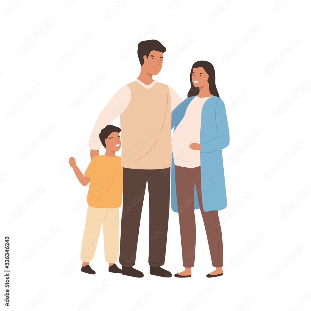 Positive young family mother, father and son vector flat illustration.  Smiling pregnant woman hugging husband and little boy isolated on white.  Happy cartoon people standing together Stock Vector | Adobe Stock