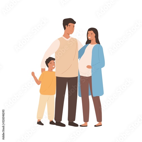 Positive young family mother, father and son vector flat illustration. Smiling pregnant woman hugging husband and little boy isolated on white. Happy cartoon people standing together