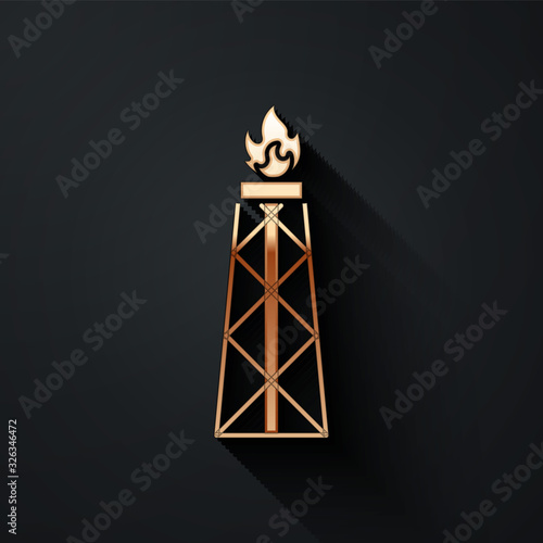 Gold Oil rig with fire icon isolated on black background. Gas tower. Industrial object. Long shadow style. Vector Illustration