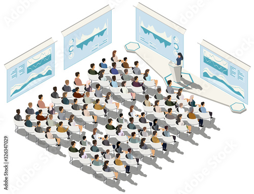 Business conference. Business presentation. Woman speech. Indicators and schedules process, coaching. Vector isometric, 3d, illustration.