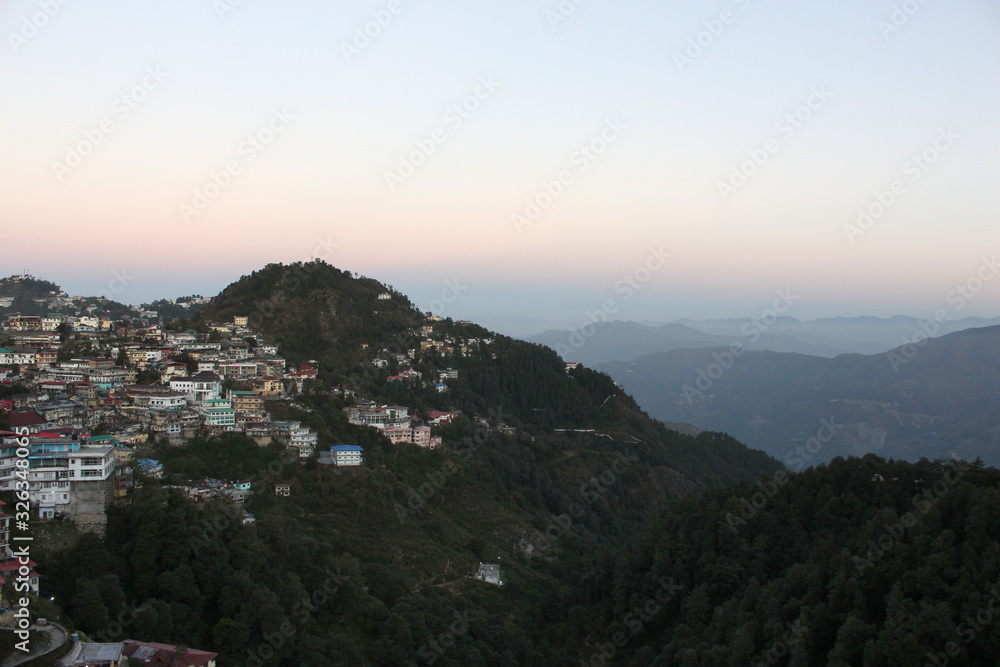 Aerial view of village and mountains in the morning, Mussoorie, Uttarakhand, India