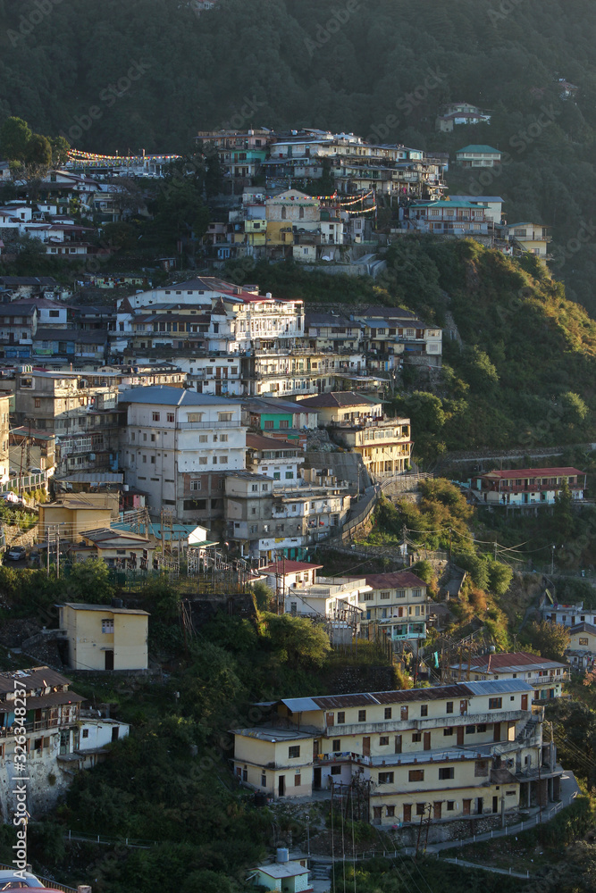 Aerial view of village in the morning, Mussoorie, Uttarakhand, India