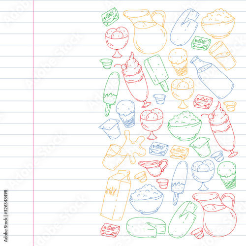 Vector pattern with icons of milk, butter,cottage cheese, sour cream, cheese, yogurt, ice cream, cream. Collection of dairy products.
