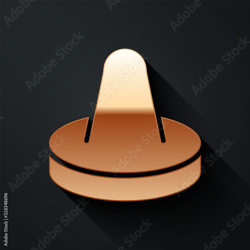 Gold Mallet and puck for playing air hockey game icon isolated on black background. Long shadow style. Vector Illustration