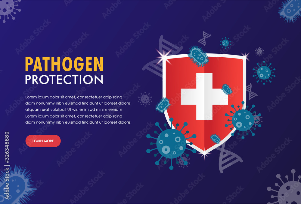 Pathogen illustration concept. Health protection with shield symbol. Virus and bacteria causes disease. For web page template, banner, poster, flyer, presentation, social media and printingWeb