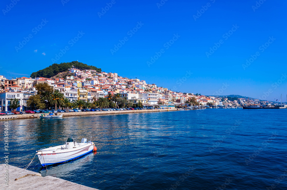 The picturesque fish village of Plomari, known  as the place that the famous ouzo the is produced. Lesvos Greece