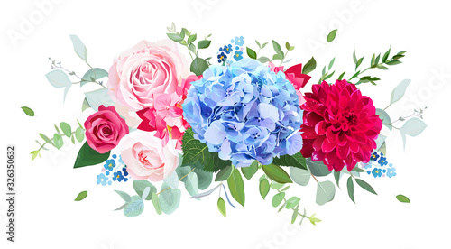 Light blue hydrangea, pink, red rose, burgundy dahlia, forget me nots