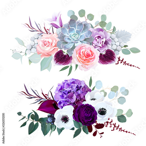 Purple hydrangea, carnation, bell flower, pink rose, anthurium, dark orchid