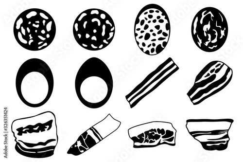 A set of twelve images of sausage, eggs, bacon etc. Set for pizza.