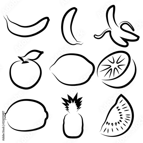 Set of nine different fruits. Creative art. Banana  Apple  lemon  kiwi  orange  etc.