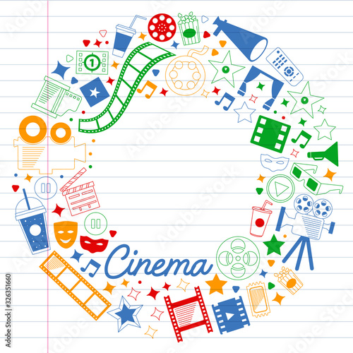 Vector pattern with cinema icons. Movie Theater, TV, popcorn, video clips, musical