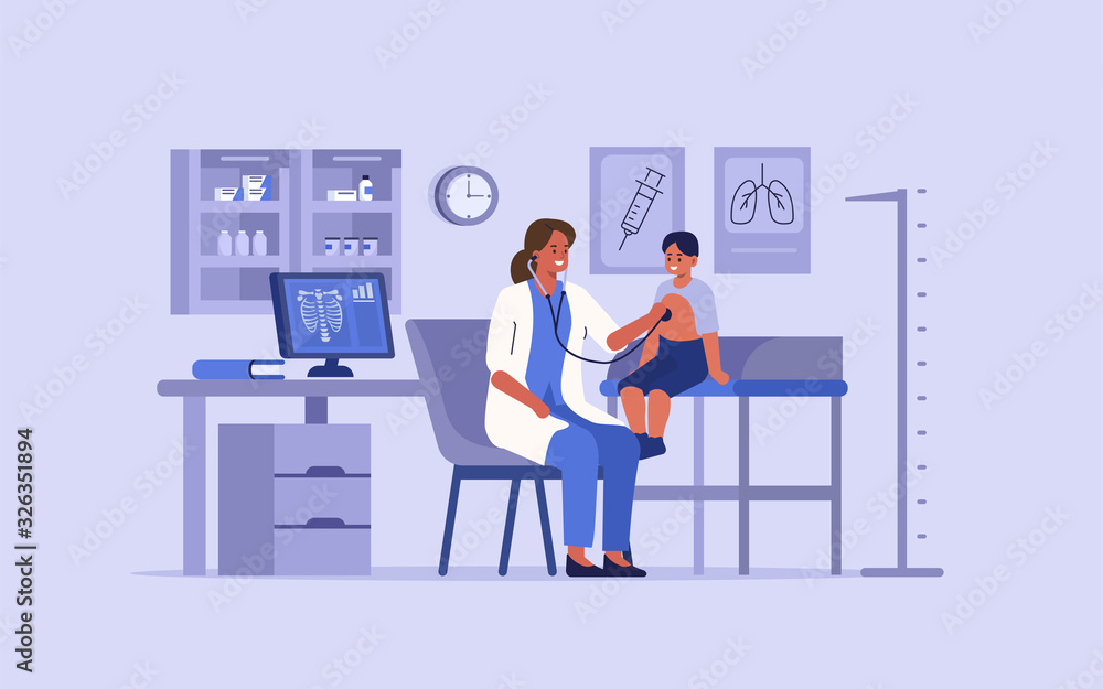 Woman Doctor Examining Little Boy in her Office by Stethoscope. Kid having Consultation with Doctor Pediatrician in Hospital. Medical People Characters. Flat Cartoon Vector Illustration.