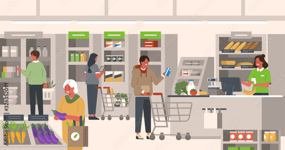 People Characters Shopping in Grocery Supermarket. Woman and Man Holding Shopping Trolley and Basket and Choosing Food Products. Retail Cashier Scanning Grocery. Flat Cartoon Vector Illustration.