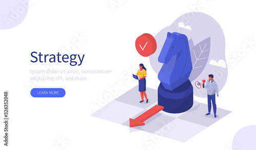 People Characters Planning Strategy for Business. Businessman and Businesswoman Moving Horse Chess Figure at Chessboard. Teamwork  and Business Success Concept. Flat Isometric Vector Illustration. photo