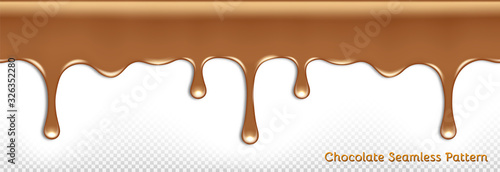seamless horizontal pattern of dripping melted milk chocolate on a transparent isolated vector background