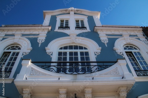 Art nouveau style facade next to the water canal in Aveiro village in Porto