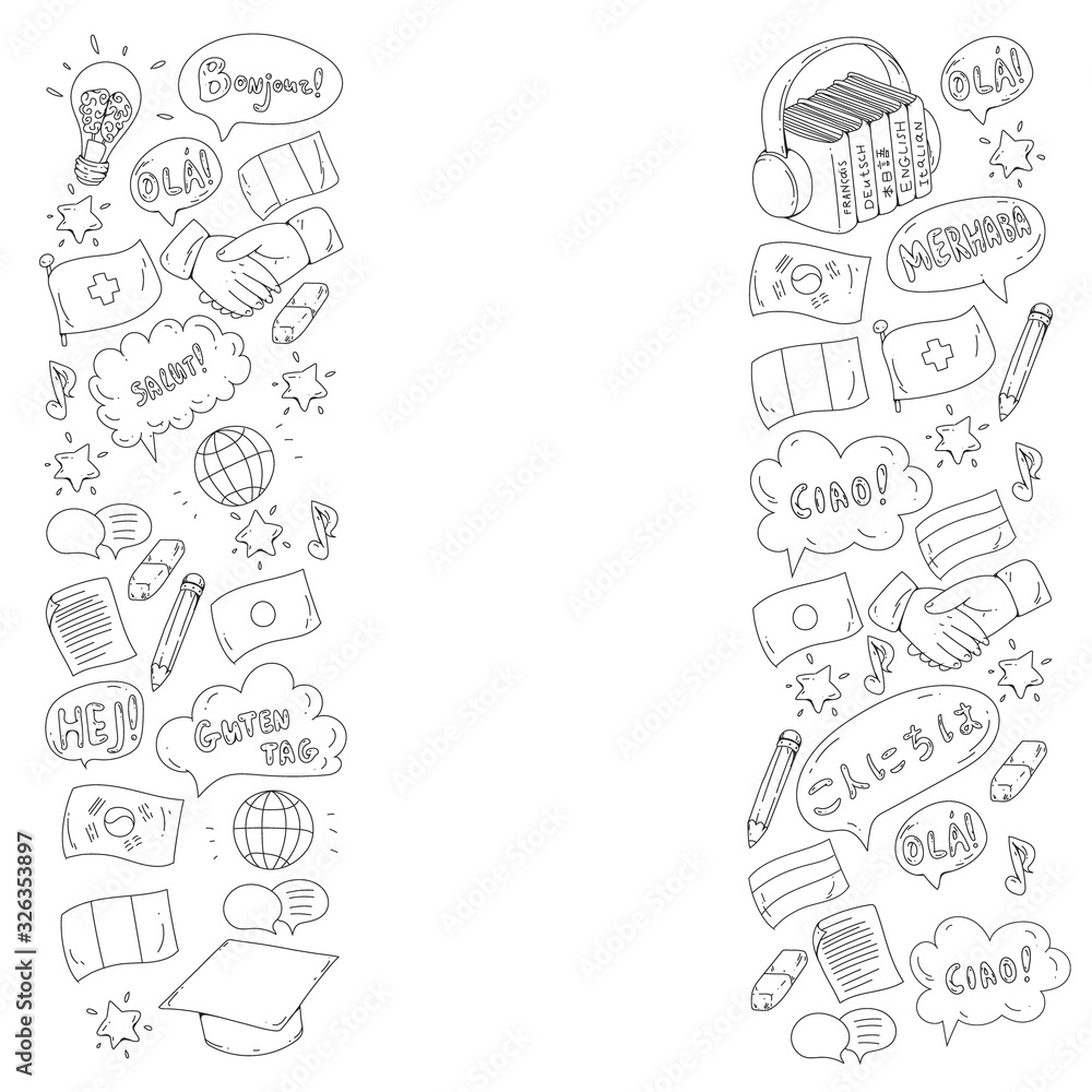 Vector pattern for language class, online courses. English, arabic, italian, japanese, spanish, chinese, german. Vector pattern for language class, online courses. English, arabic, italian, japanese, spanish, chinese, german.