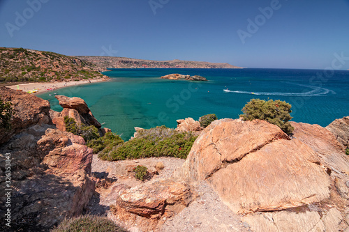 Panoramic view of the golden beach of Vai  with the famous palm tree  on the island of Crete in Greece.