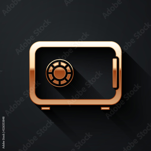 Gold Safe icon isolated on black background. The door safe a bank vault with a combination lock. Reliable Data Protection. Long shadow style. Vector Illustration