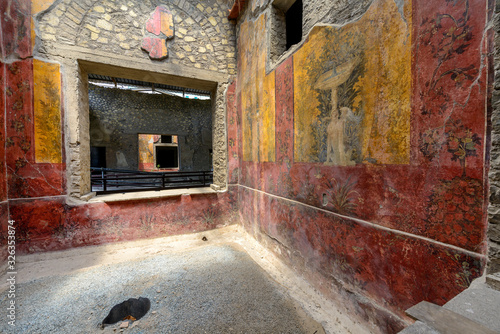 Oplontis Villa of Poppea - On the walls are represented, on a yellow and red background, gardens with beautiful fountains,