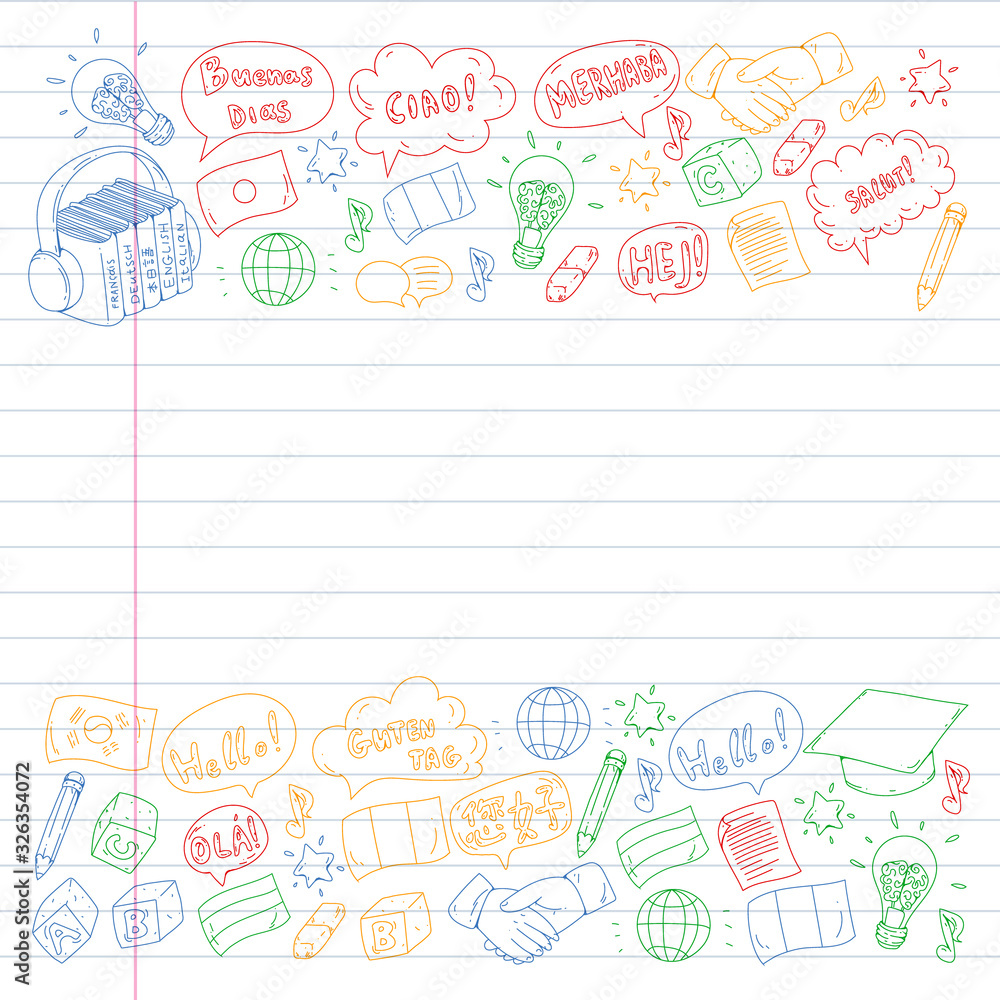 Vector pattern for language class, online courses. English, arabic, italian, japanese, spanish, chinese, german. Vector pattern for language class, online courses. English, arabic, italian, japanese, spanish, chinese, german.