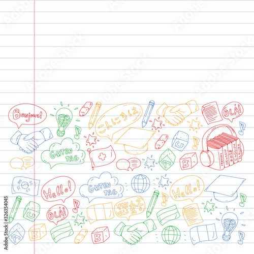 Vector pattern for language class, online courses. English, arabic, italian, japanese, spanish, chinese, german.