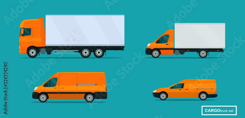 Cargo trucks set. Side view. Vector flat style illustration.