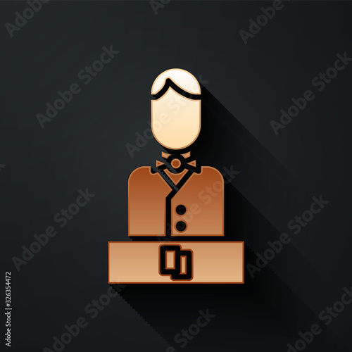 Gold Casino dealer icon isolated on black background. Casino croupier. Long shadow style. Vector Illustration