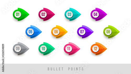 Colorful bullet points - numbered from one to twelve. Vector illustration.