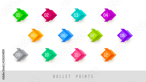 Colorful bullet points - numbered from one to twelve. Vector illustration.