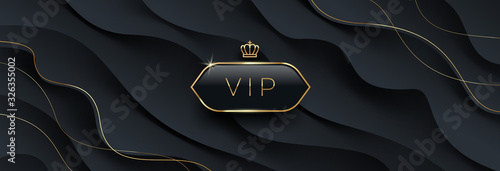 Vip black glass label with golden crown and frame on a black abstract layered  background. Premium design. Luxury template design. Vector illustration. Can be used for invitation, greeting, ticket.
