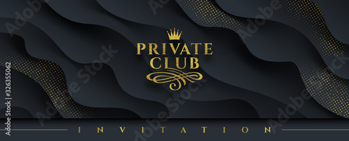 Private club - Glitter gold logo with crown and flourishes element  on a abstract layered black background with golden halftone. Vector illustration. Can be used for invitation, greeting, flyer.
