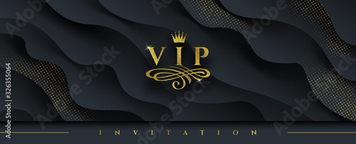 VIP invitation template - Glitter gold logo with crown and flourishes element  on abstract layered black background. Vector illustration. Can be used for invitation, greeting, ticket, flyer and etc.