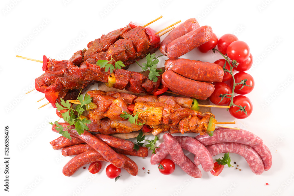assorted of raw meats- sausage, skewer, chorizo, beef, chicken assorted of raw meats- sausage, skewer, chorizo, beef, chicken