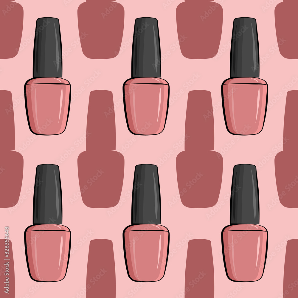 Seamless pattern nail polish bottle in gray and pink colors. Texture for banner, flyer, poster or print, websites, web design, mobile app on pink background. Seamless pattern nail polish bottle in gray and pink colors. Texture for banner, flyer, poster or print, websites, web design, mobile app on pink background.