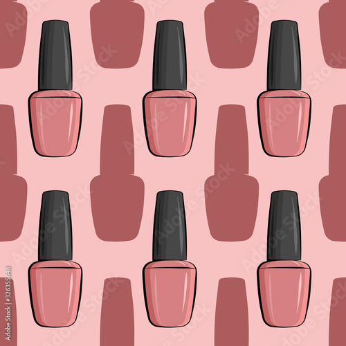 Seamless pattern nail polish bottle in gray and pink colors. Texture for banner, flyer, poster or print, websites, web design, mobile app on pink background.