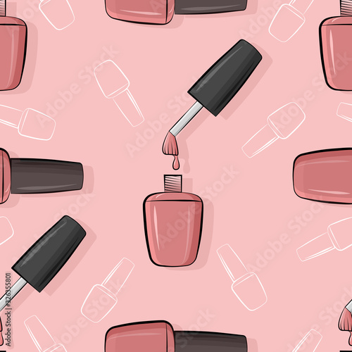 Seamless pattern nail polish bottle in gray and pink colors. Texture for banner, flyer, poster or print, websites, web design, mobile app on pink background.