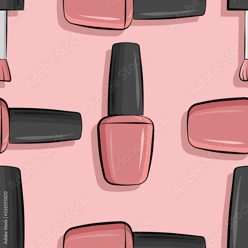 Seamless pattern nail polish bottle in gray and pink colors. Texture for banner, flyer, poster or print, websites, web design, mobile app on pink background.