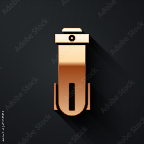 Gold Water filter icon isolated on black background. System for filtration of water. Reverse osmosis system. Long shadow style. Vector Illustration