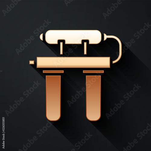 Gold Water filter icon isolated on black background. System for filtration of water. Reverse osmosis system. Long shadow style. Vector Illustration