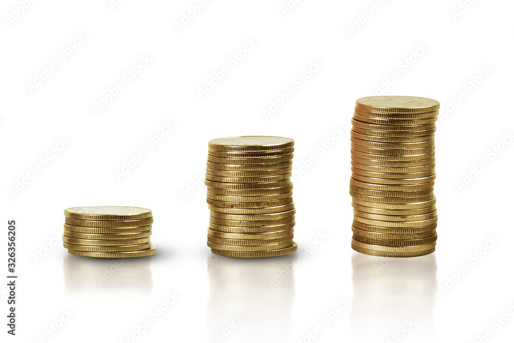 Gold coins isolated on white background.save money and growth business concept Gold coins isolated on white background.save money and growth business concept
