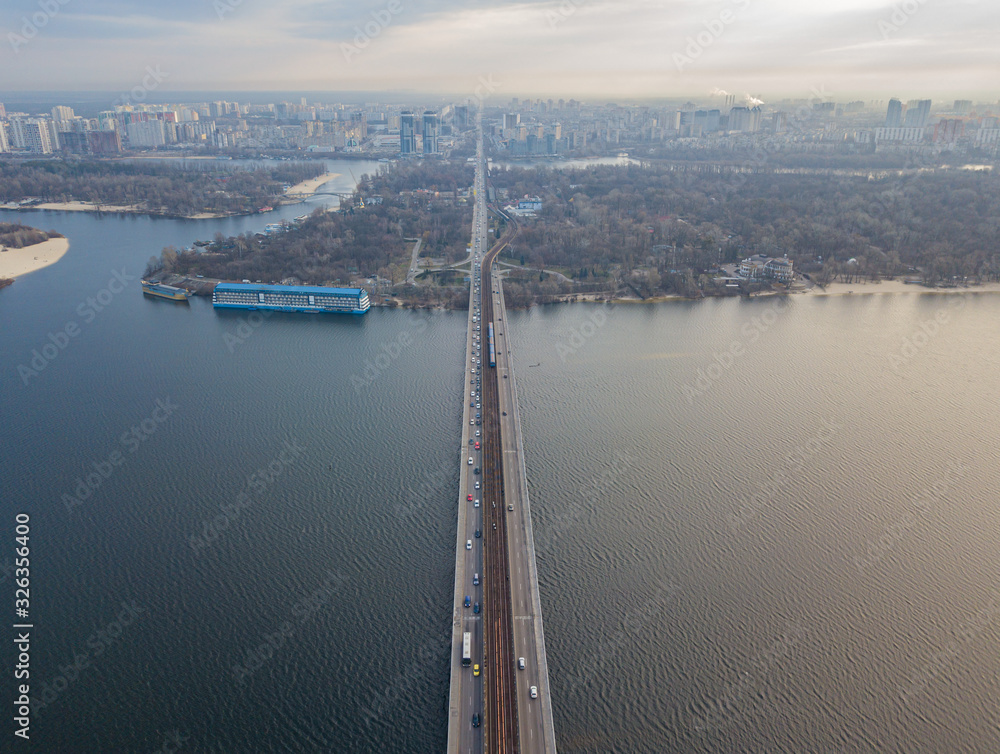 Fototapeta premium Aerial drone view. The Kiev metro bridge with no train.
