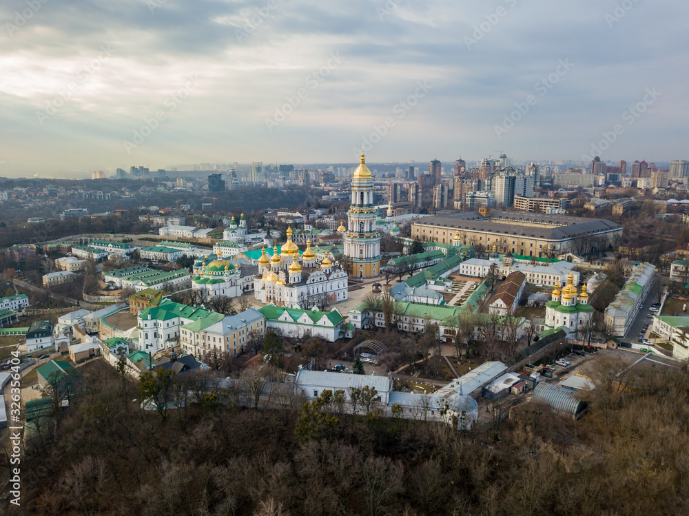Aerial drone view. Kiev-Pechersk Lavra on a cloudy spring day.