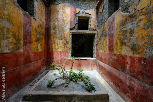 Oplontis Villa of Poppea - On the walls are represented, on a yellow and red background, gardens with beautiful fountains,