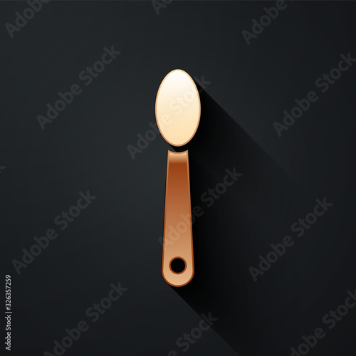 Gold Heroin in a spoon icon isolated on black background. Concept of drug addiction and dependence from the narcotic. Junkie lifestyle. Long shadow style. Vector Illustration